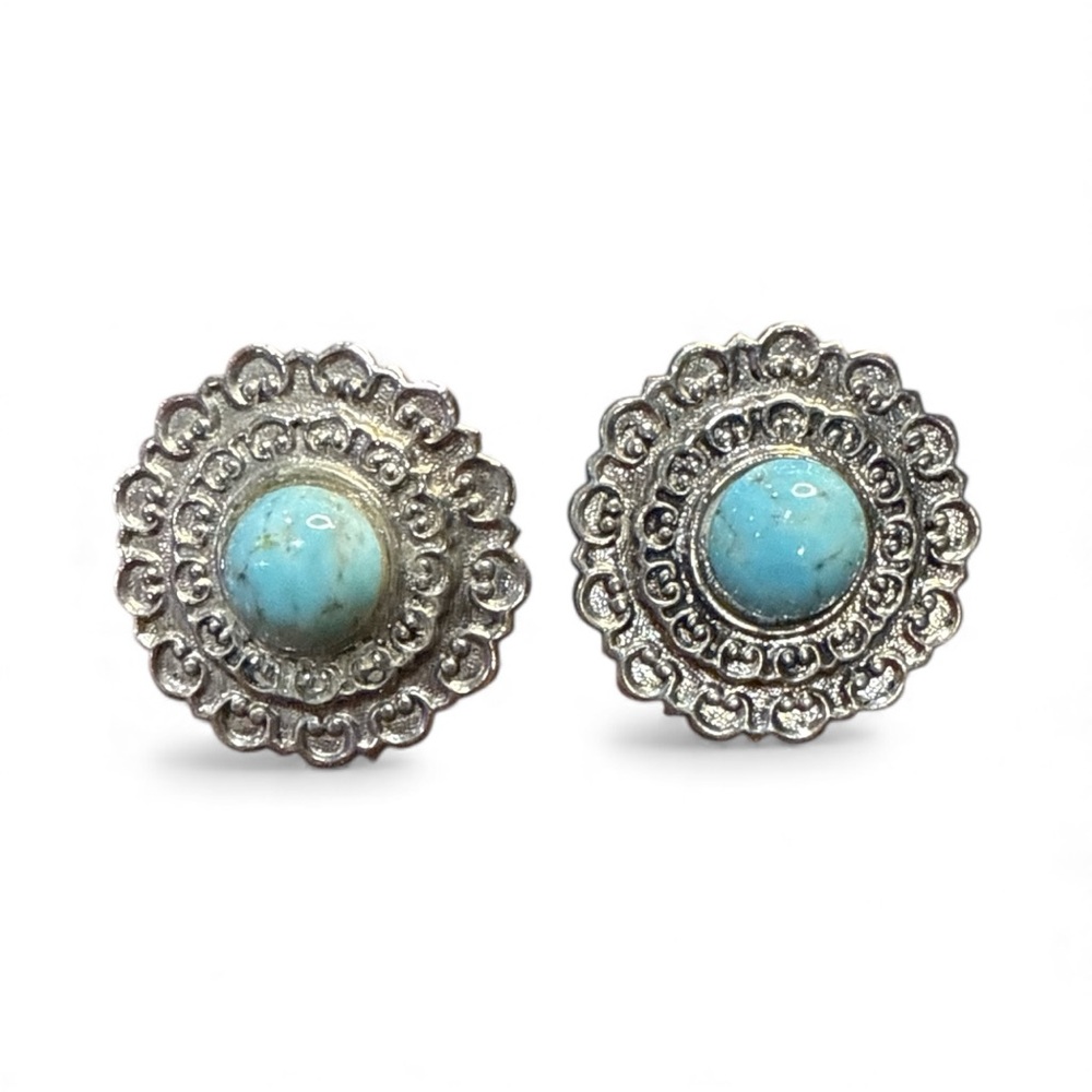 💠 Vintage Turquoise-Style Stud Earrings – Silver Tone Ornate Design
